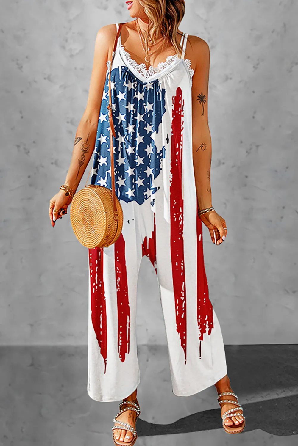 Women's Stars and Stripes Print Wide Leg Spaghetti Straps Jumpsuit