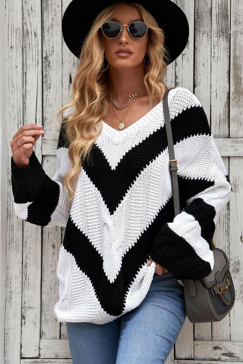 Woven Chevron Cable Knit Tunic Sweater