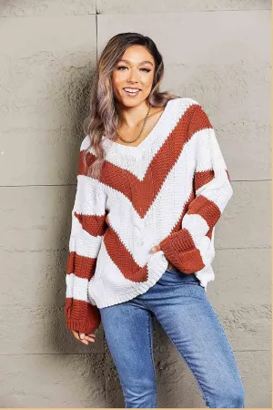 Woven Chevron Cable Knit Tunic Sweater