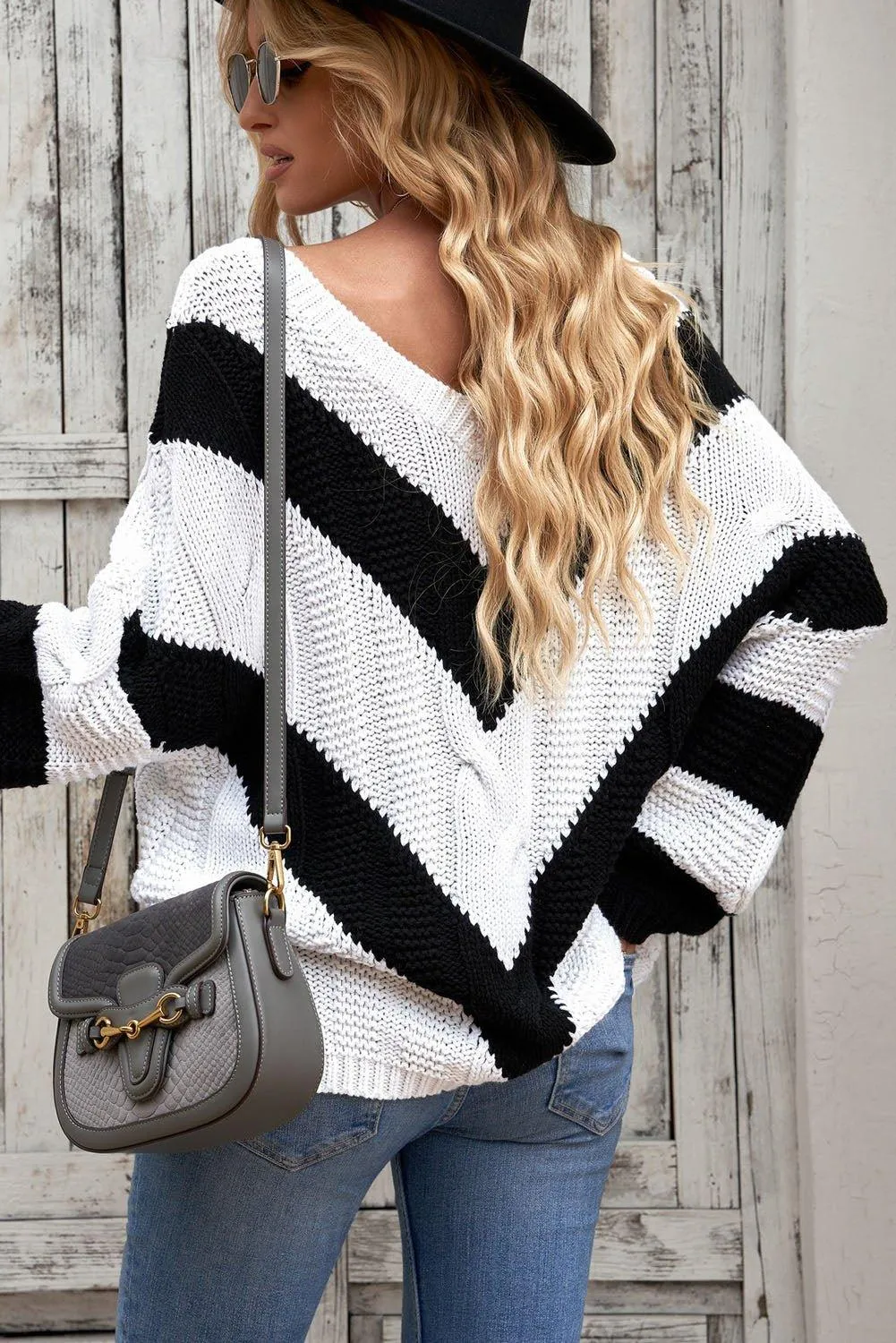 Woven Chevron Cable Knit Tunic Sweater