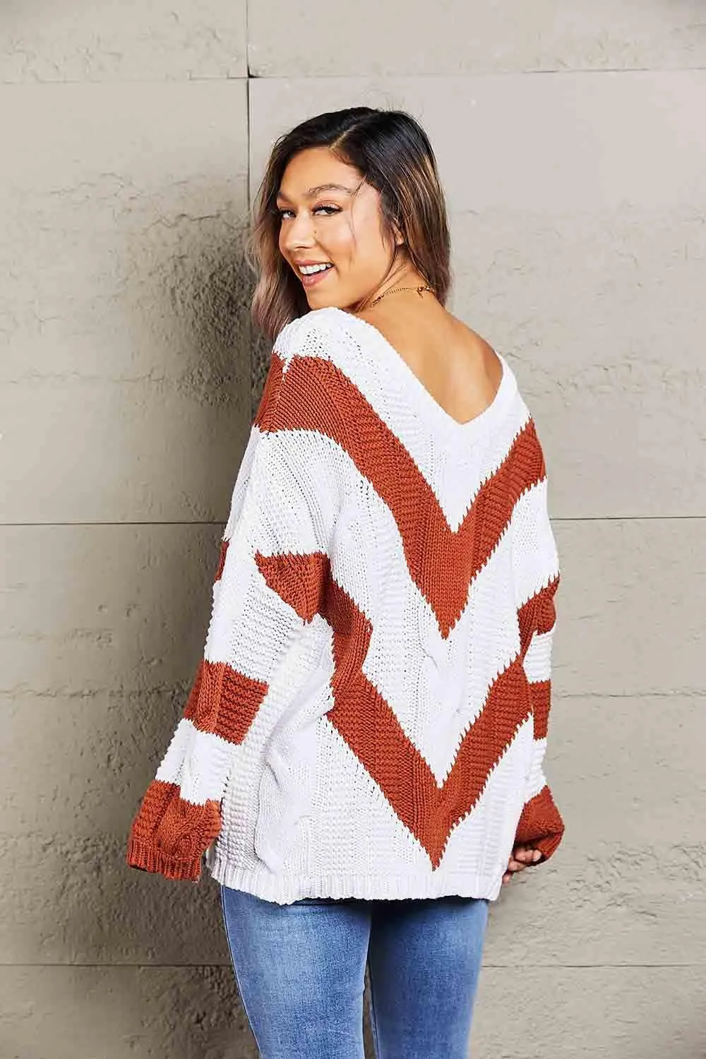 Woven Chevron Cable Knit Tunic Sweater