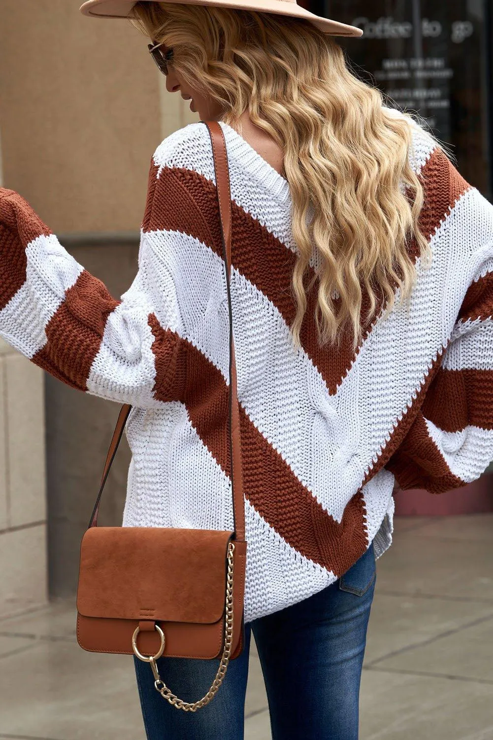 Woven Chevron Cable Knit Tunic Sweater