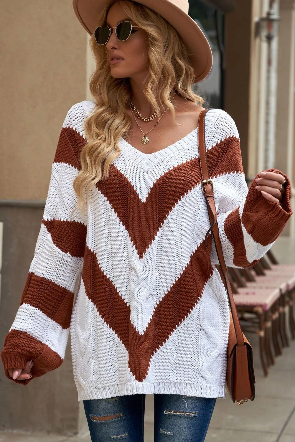 Woven Chevron Cable Knit Tunic Sweater