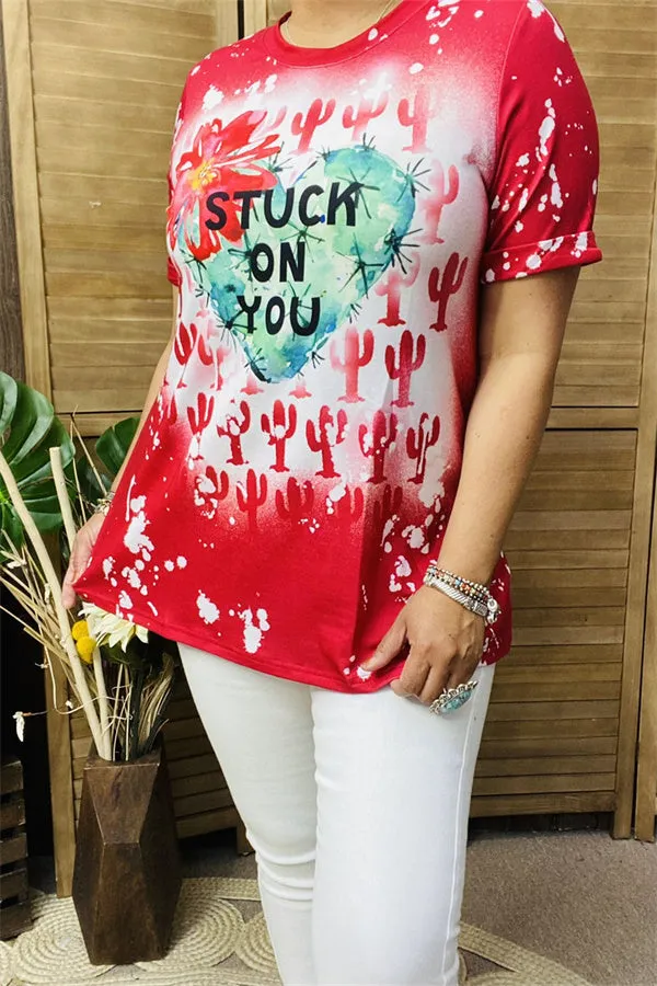 XCH14652 STUCK ON YOU Cactus&Heart red multi color printed short sleeve women tops