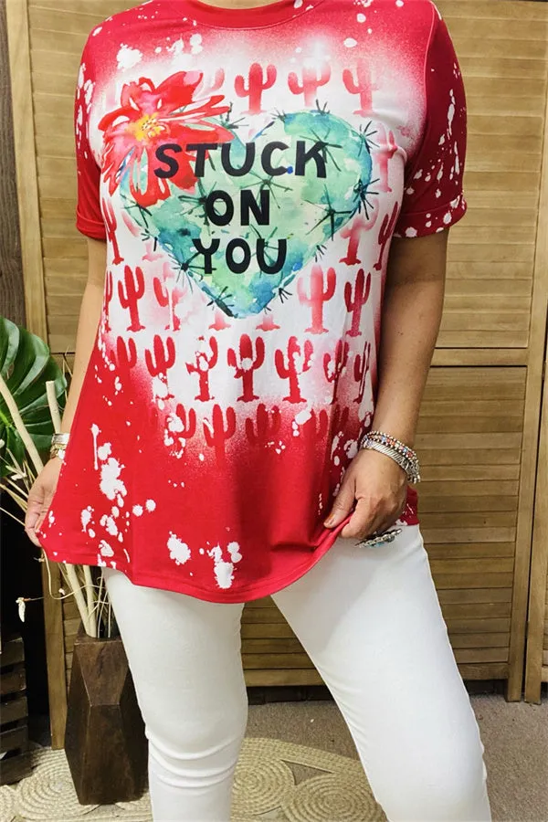 XCH14652 STUCK ON YOU Cactus&Heart red multi color printed short sleeve women tops