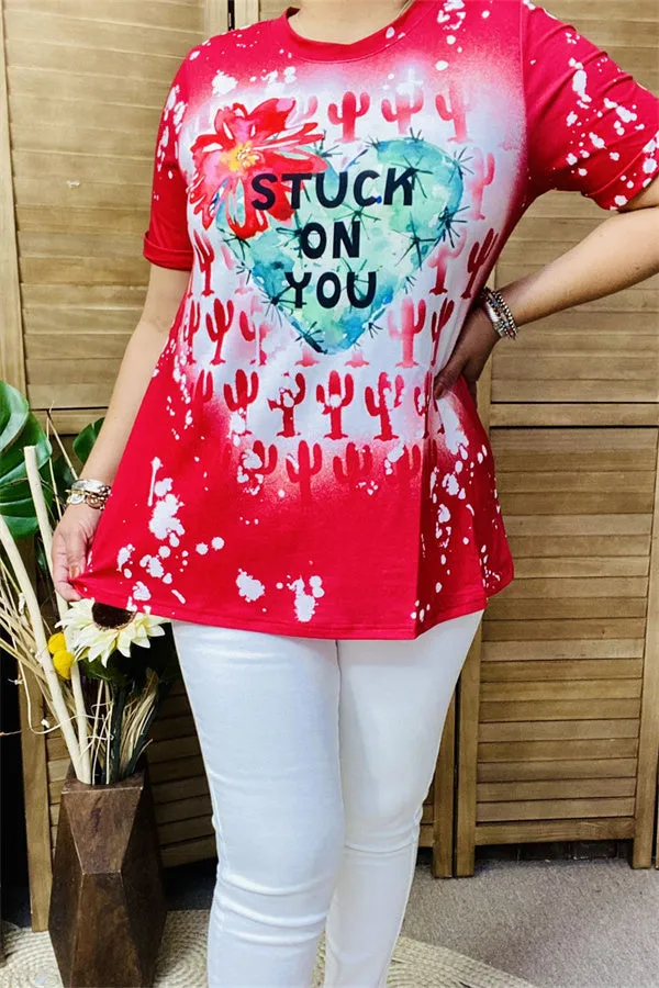 XCH14652 STUCK ON YOU Cactus&Heart red multi color printed short sleeve women tops