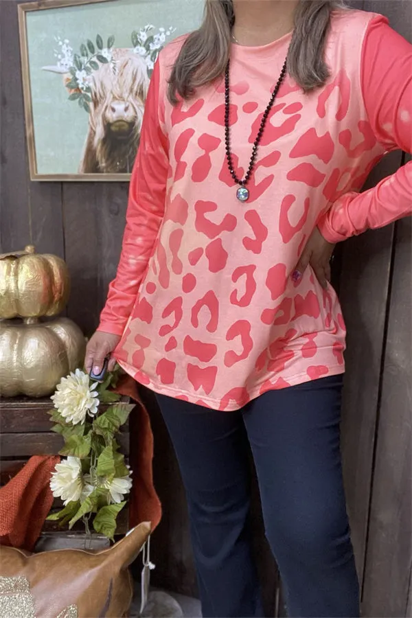 XCH15203 Leopard coral color printed long sleeve women tops