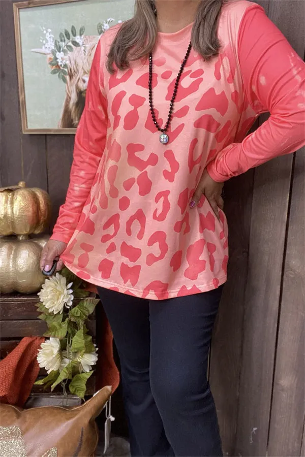 XCH15203 Leopard coral color printed long sleeve women tops