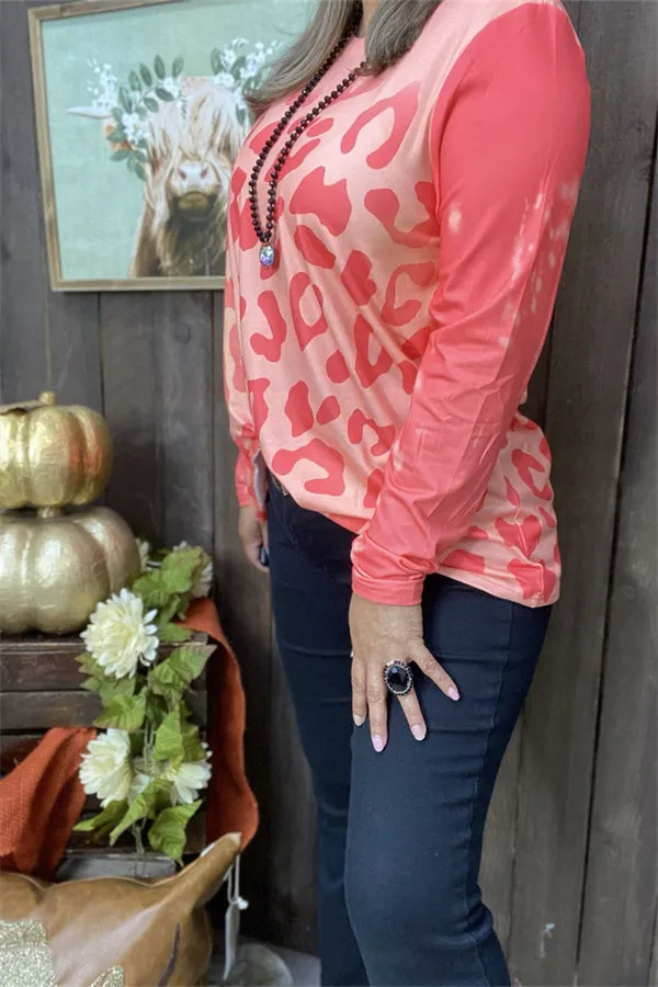 XCH15203 Leopard coral color printed long sleeve women tops