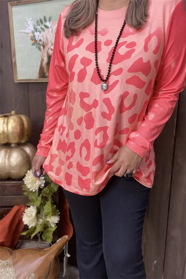 XCH15203 Leopard coral color printed long sleeve women tops